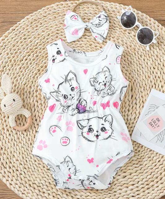 Adorable Cat Print Sleeveless Girls' Romper