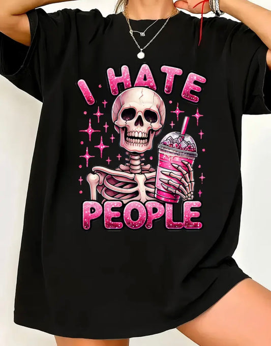 Women's Edgy "I HATE PEOPLE" Skeleton Graphic T-Shirt