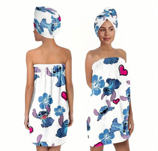 2pcs Stitch & Flower Design Bathrobe Set
