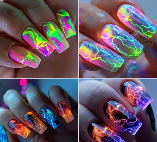 96pcs Acrylic Press-On Nail Set, Medium-Long Ballet Nails with Green Ombre Shine & Lightning Design, Mixed Color Stripes, Includes Nail File, Glossy Finish