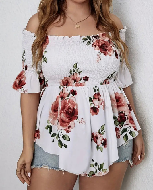 Plus Size Printed Short-Sleeve Off-Shoulder Top