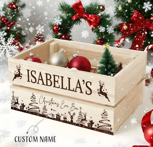 Customisable Christmas Wooden Storage Box with Reindeer & Snowflake Design