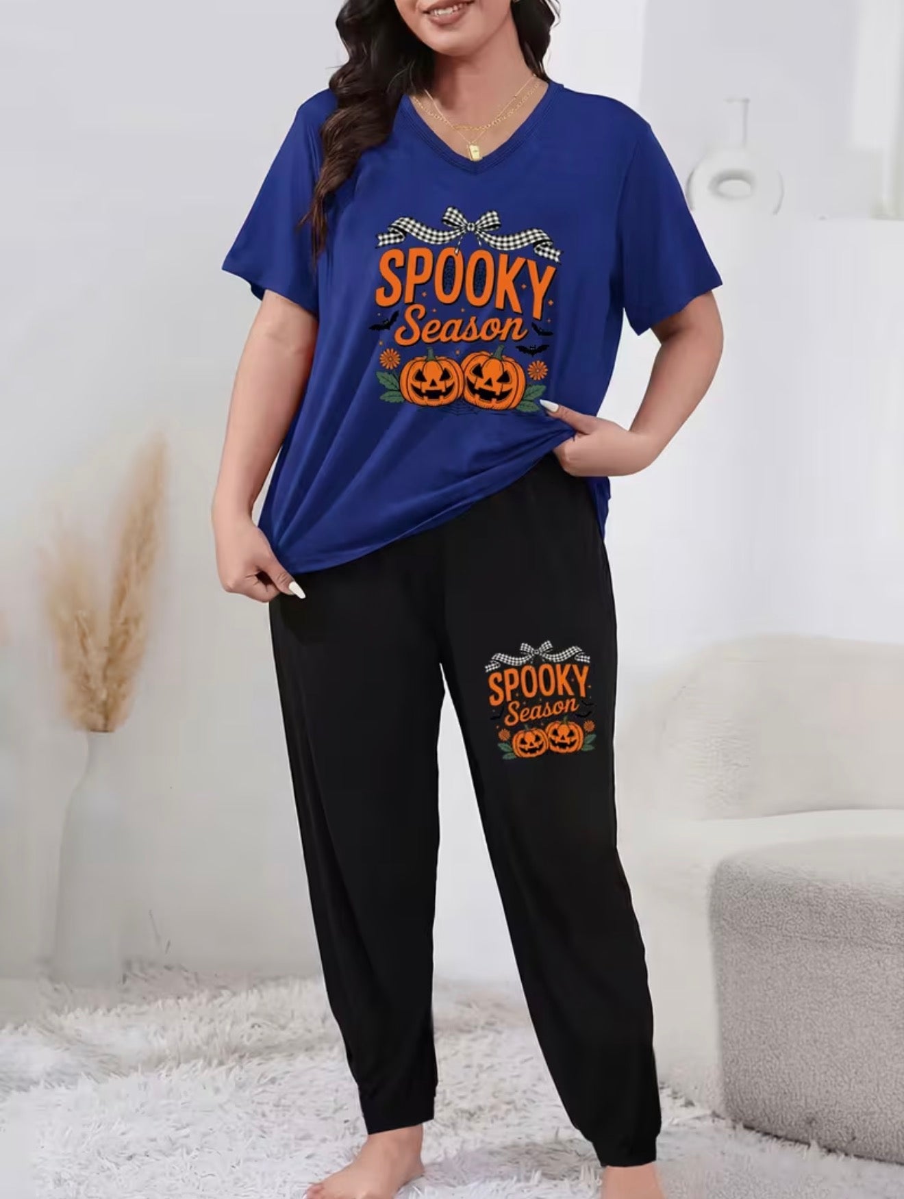 Halloween Pumpkin Plus Size Women's Elegant Loungewear 2pcs Set