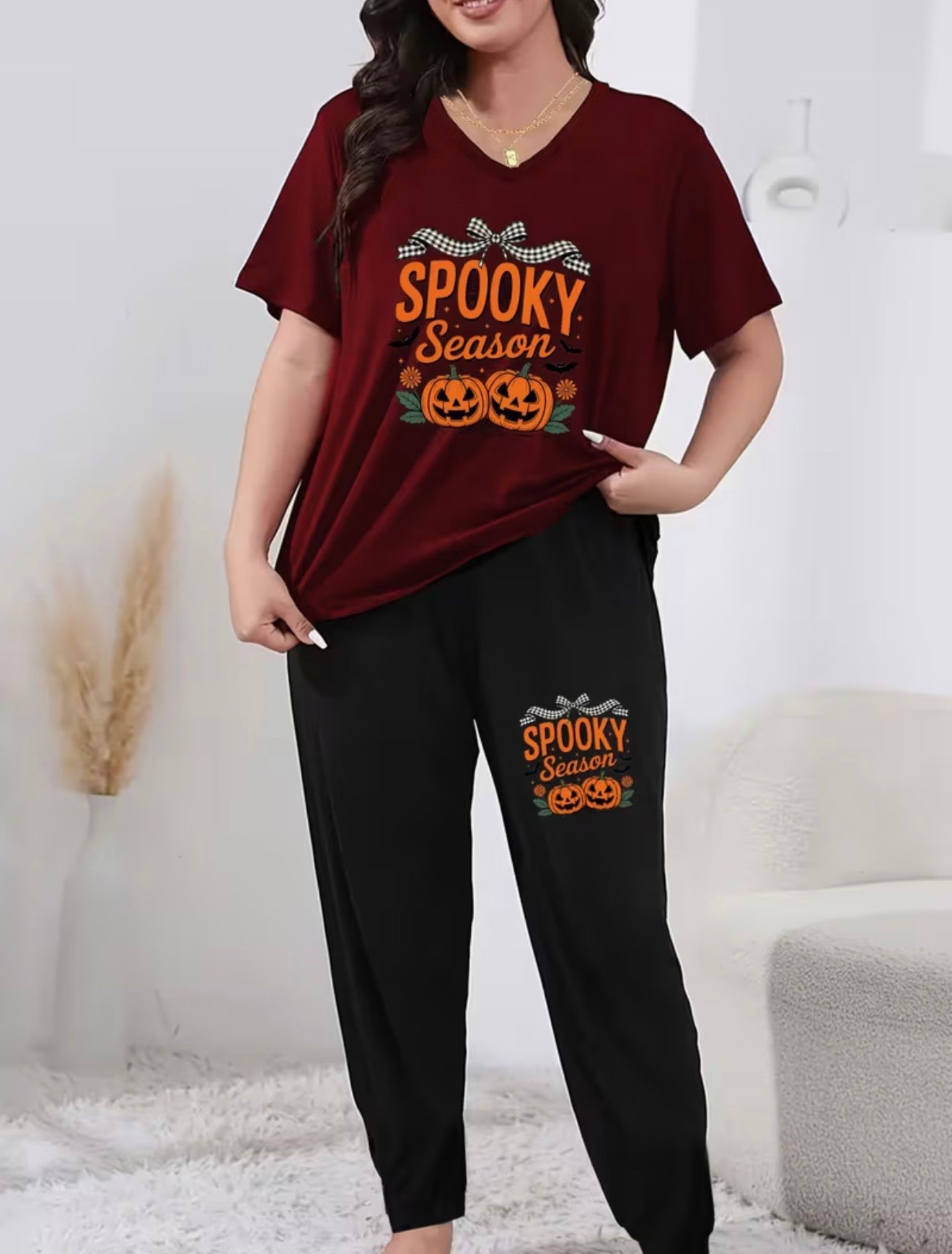 Halloween Pumpkin Plus Size Women's Elegant Loungewear 2pcs Set