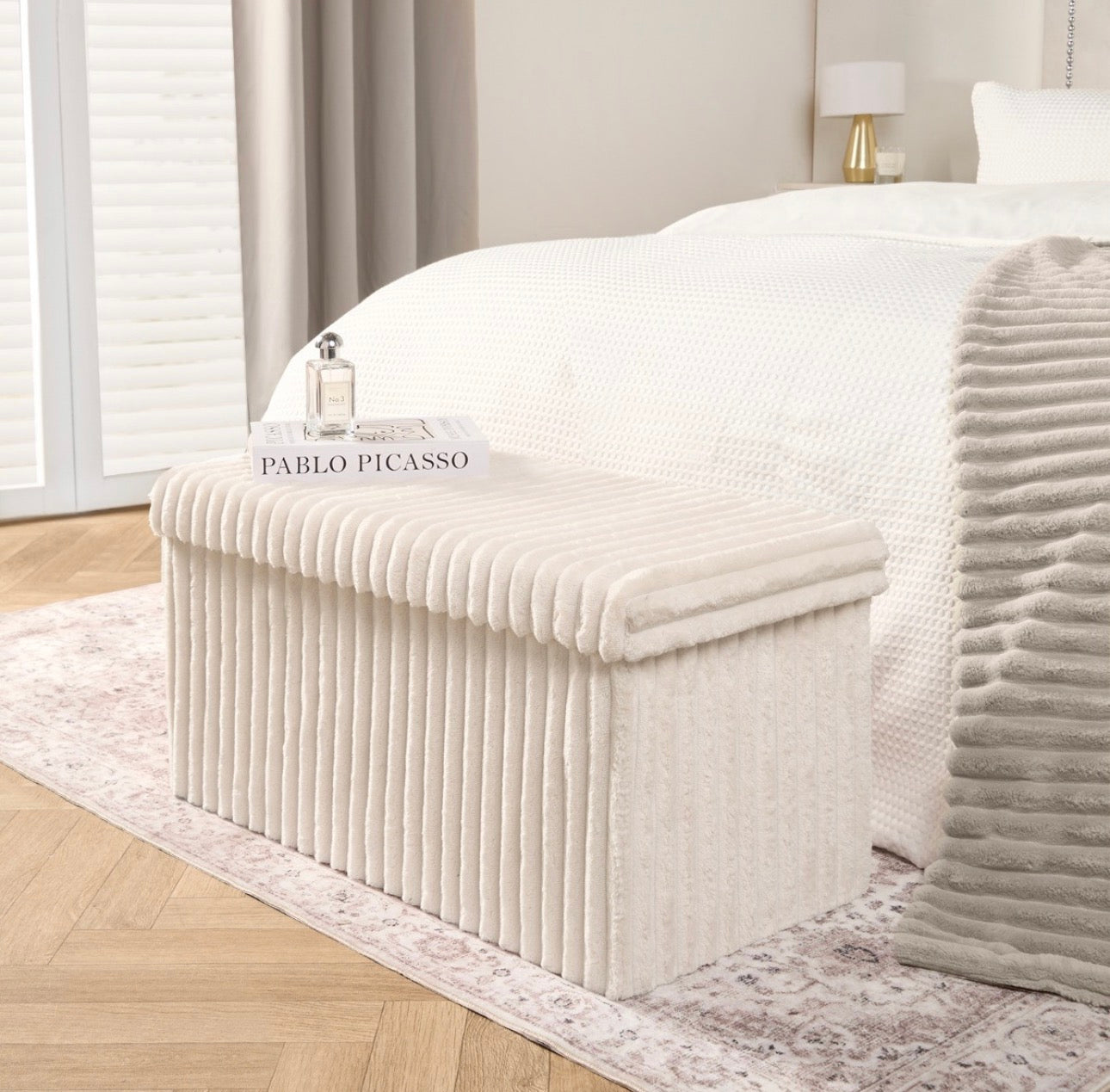 Ribbed Foldable Rectangle Storage Ottoman - Cream