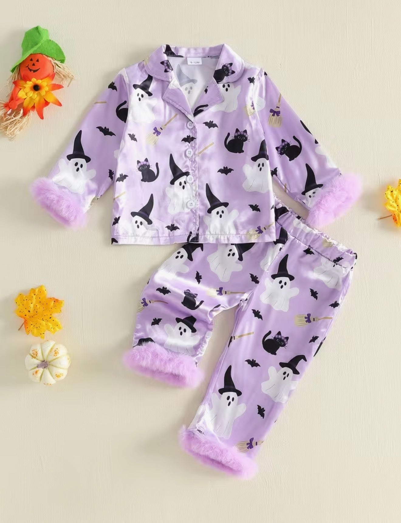 Girls Halloween Set Long Sleeve Print Faux Fur Cuffs