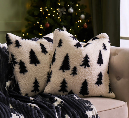 Christmas Tree Print Teddy Cushion Covers - Monochrome