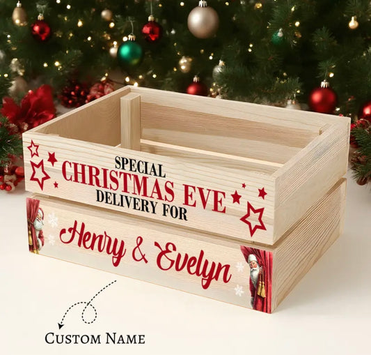 Customisable Christmas Eve Wooden Storage Box with Santa Claus & Snowman Design