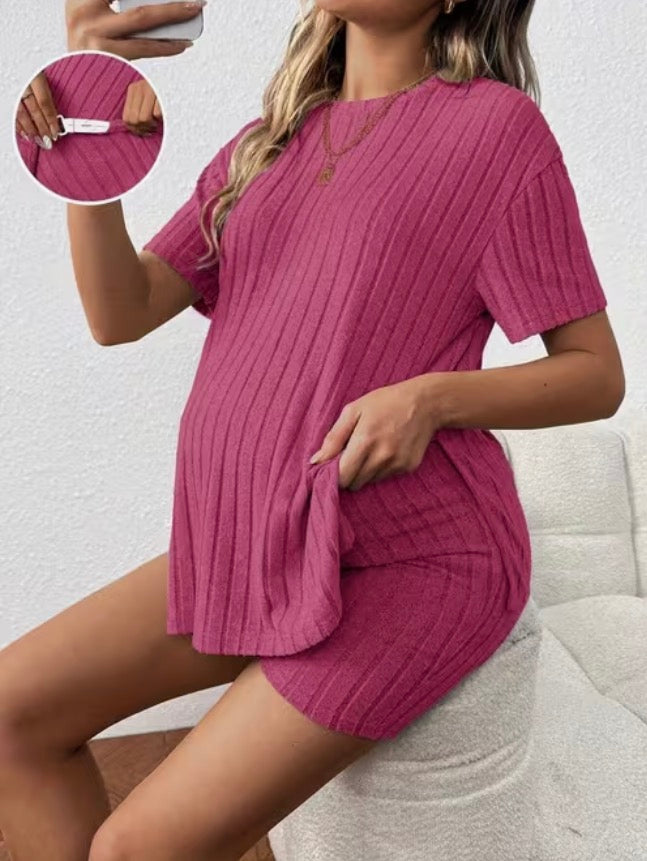Maternity Set Summer Shorts Short Sleeve Top 2pcs Outfit Casual Pregnant Women Clothes