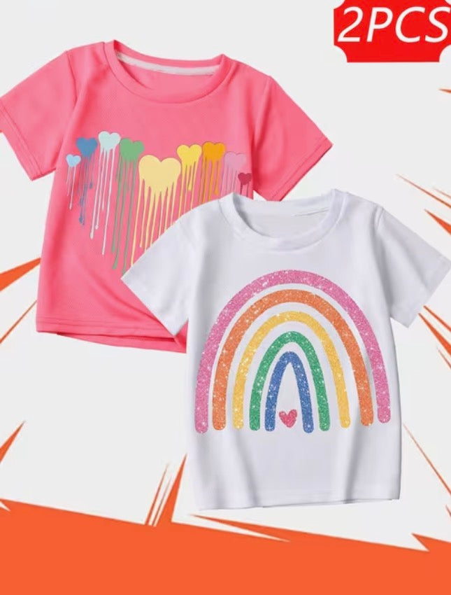2pcs Set Girls Rainbow Heart Graphic tops