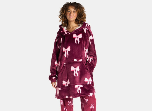 Adults Bow Print Hoodie Blanket - Burgundy/Pink
