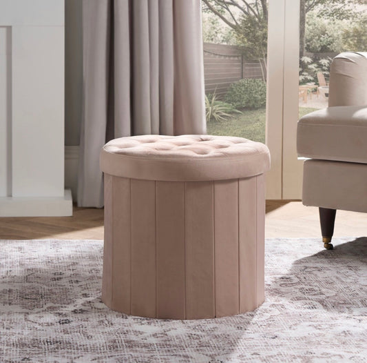 Matte Velvet Round Foldable Storage Ottoman - Natural