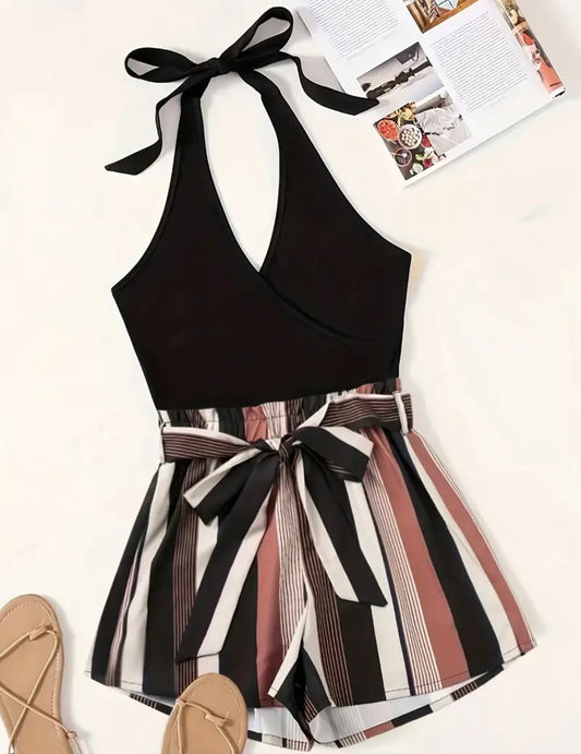Women's Cross-Bow Strap Striped Jumpsuit