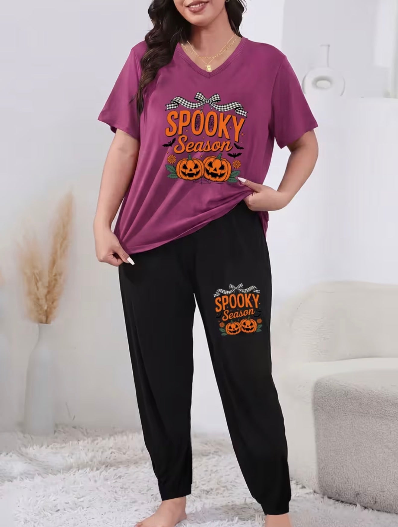 Halloween Pumpkin Plus Size Women's Elegant Loungewear 2pcs Set