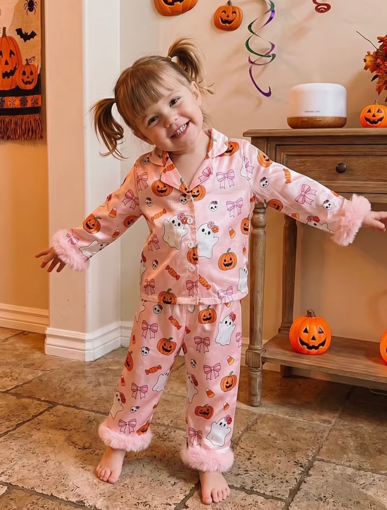 Girls Halloween Set Long Sleeve Print Faux Fur Cuffs
