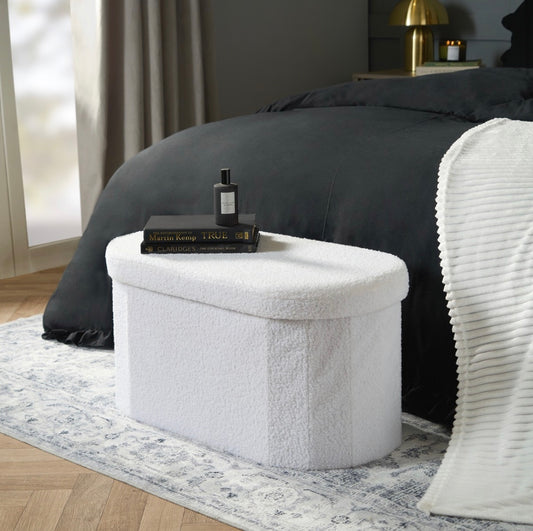 Boucle Foldable Lozenge Storage Ottoman - White