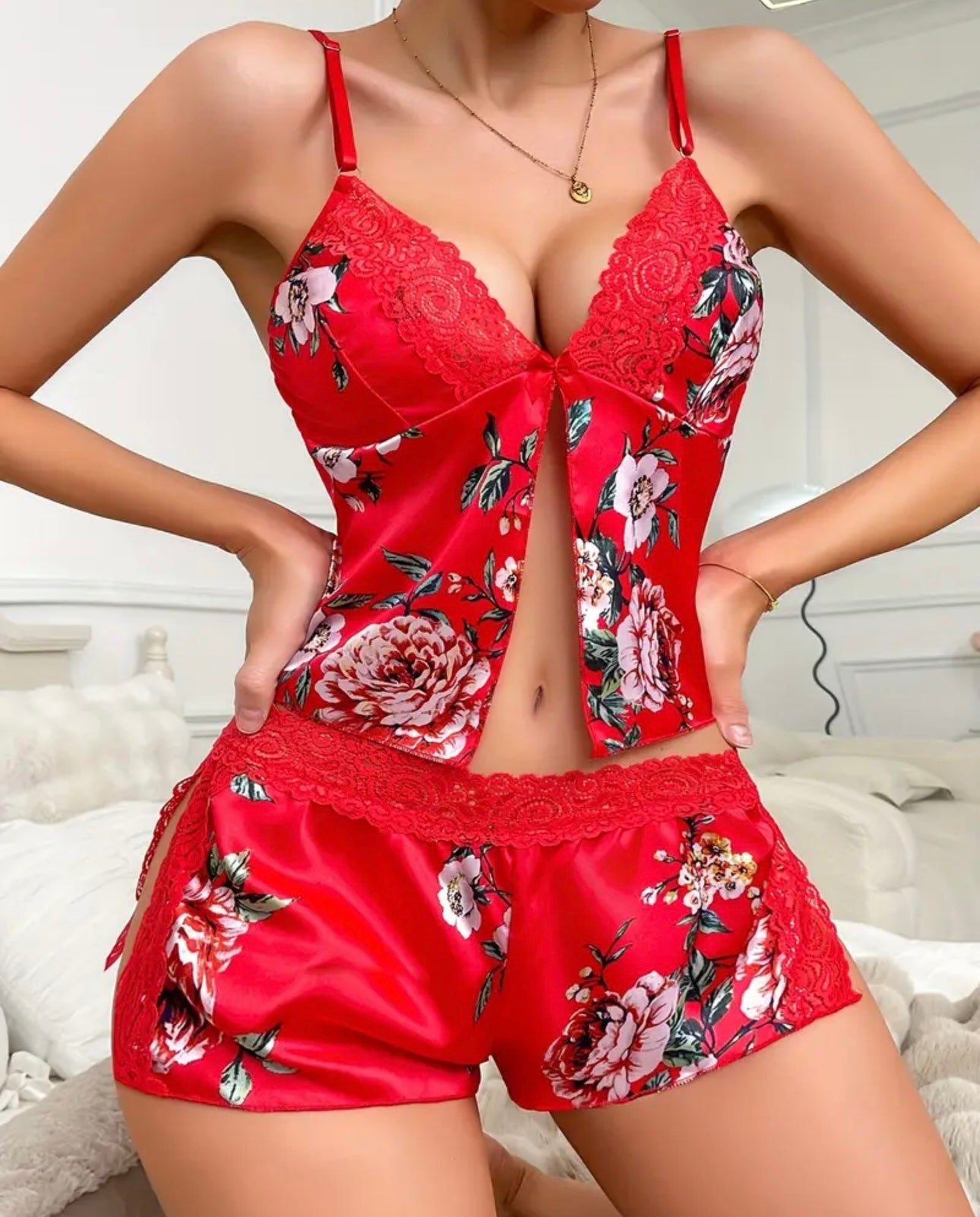 Floral Print Lace Trim Slip Set