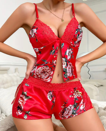 Floral Print Lace Trim Slip Set