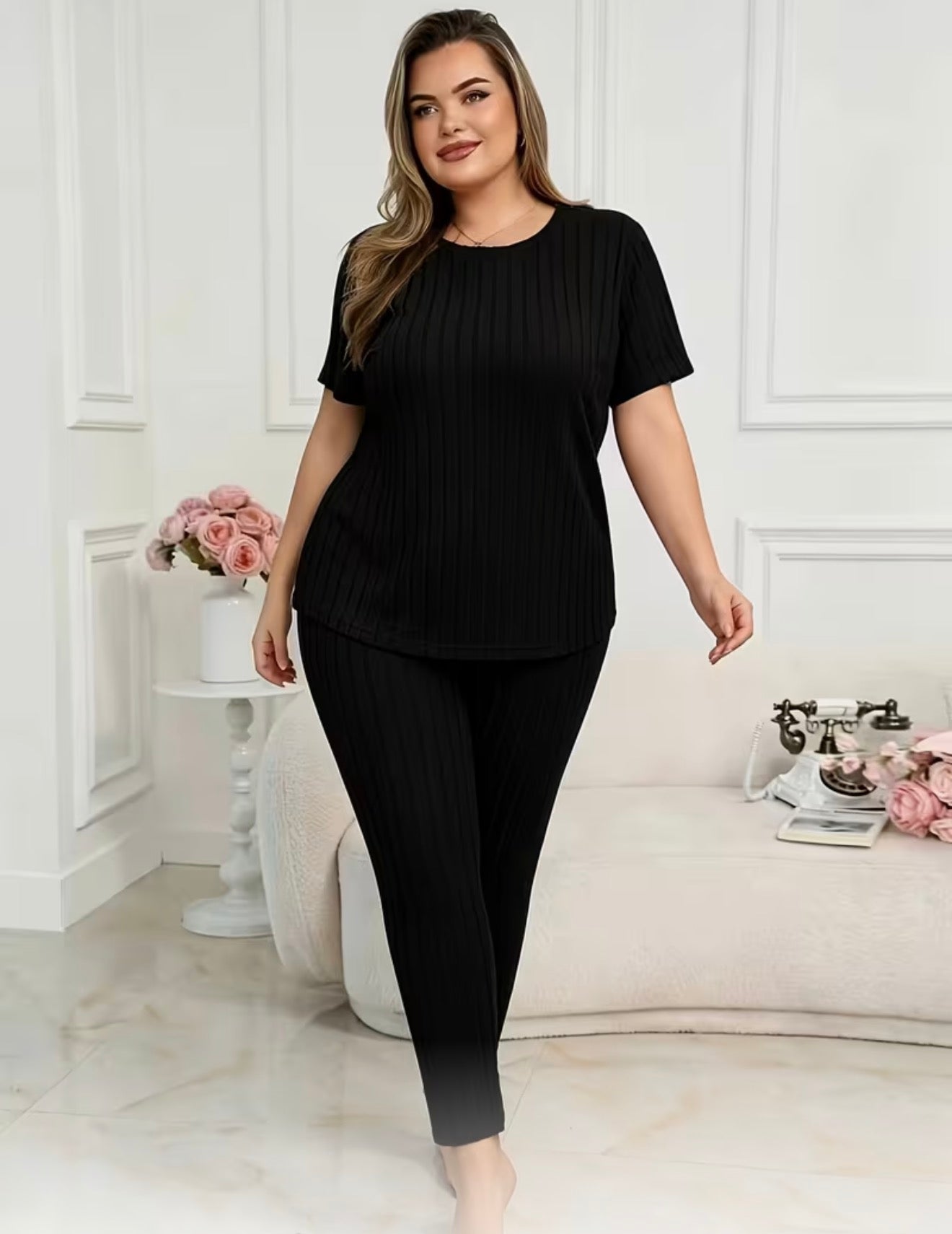 Plus Size French Ribbed Solid Home Wear Set