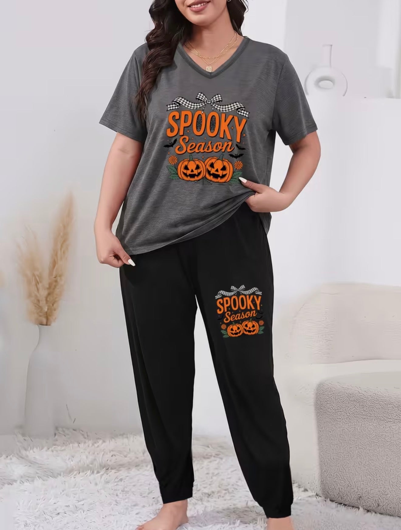 Halloween Pumpkin Plus Size Women's Elegant Loungewear 2pcs Set