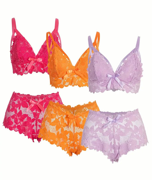 6pcs Plus Size Lace Bra & Panty Set
