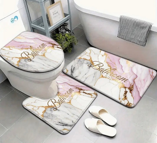 3Pcs Pink White Marble Letter Pattern Bathroom Set