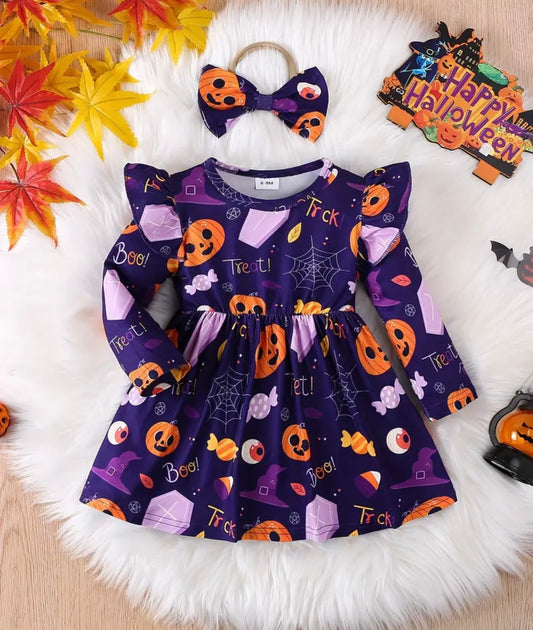 Baby's Halloween Pumpkin Pattern Ruffled Long Sleeve Dress