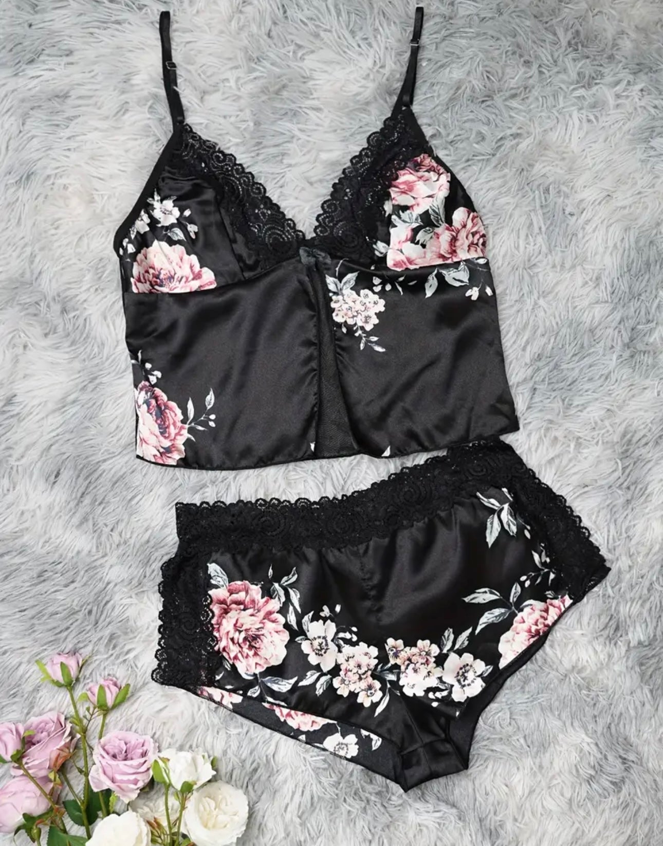 Floral Print Lace Trim Slip Set