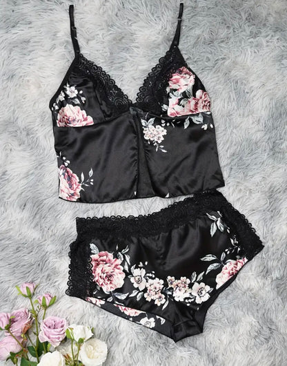 Floral Print Lace Trim Slip Set