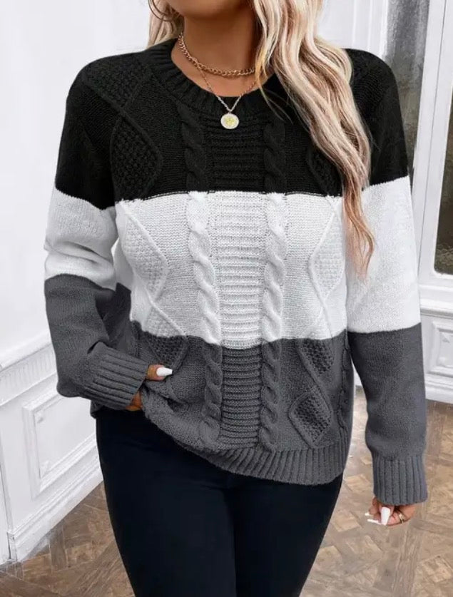 Elegant Plus Size Thermal Colorblock Cable Knit Sweater for Women