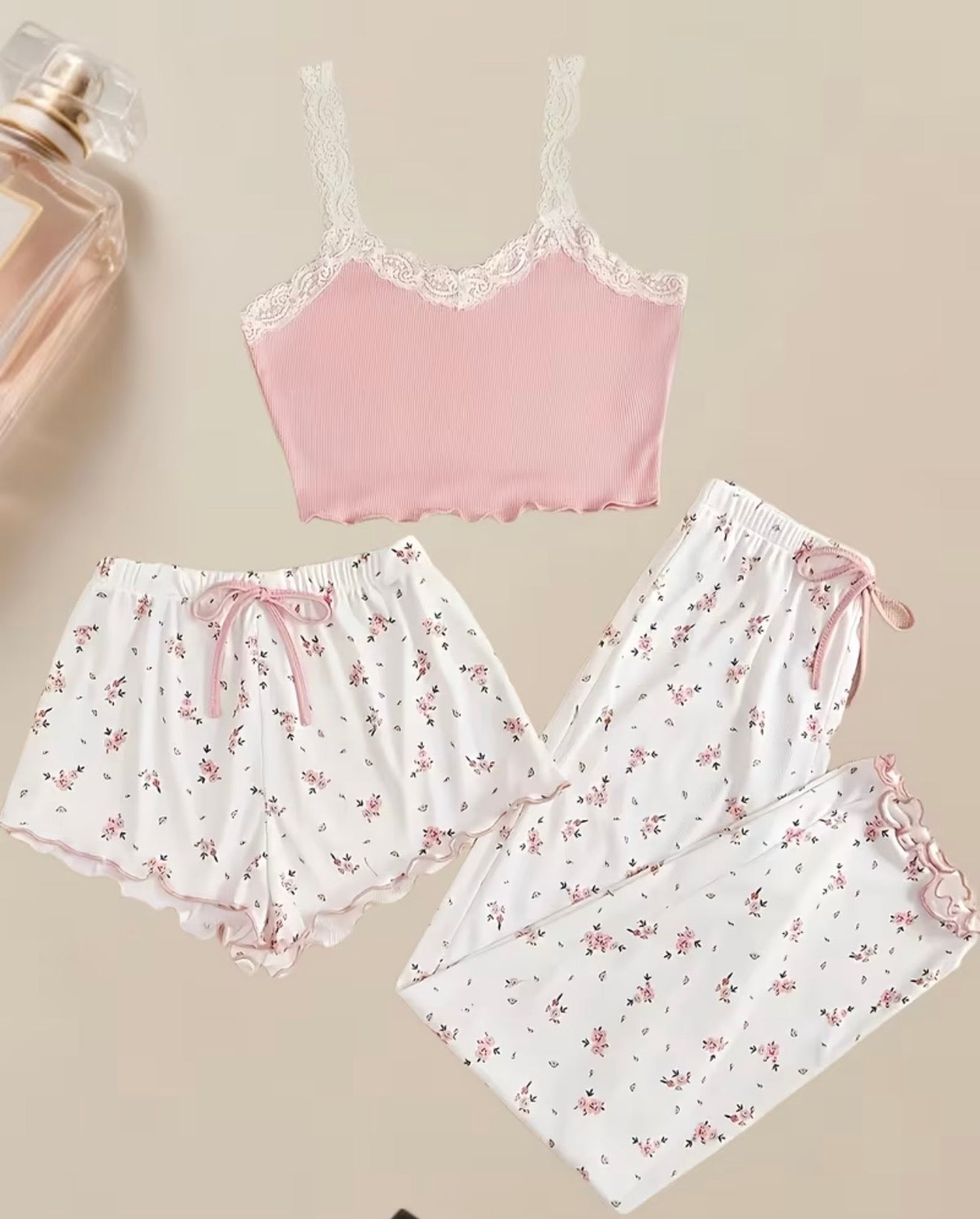 Pink Sweet Style Floral Pyjamas Three-Piece Set