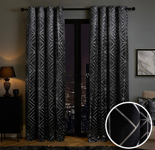Metallic Foil Geometric Print Velvet Curtains - Charcoal