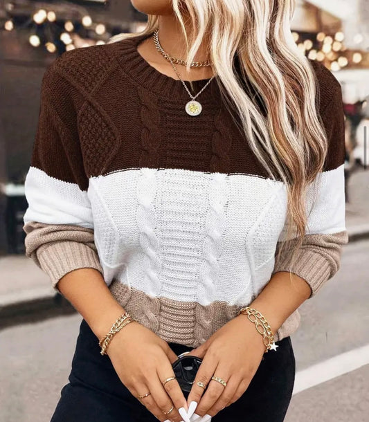Elegant Plus Size Thermal Colorblock Cable Knit Sweater for Women