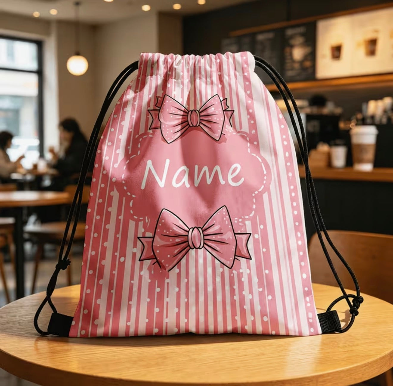 1pc Pink Bow Stripe Drawstring Backpack