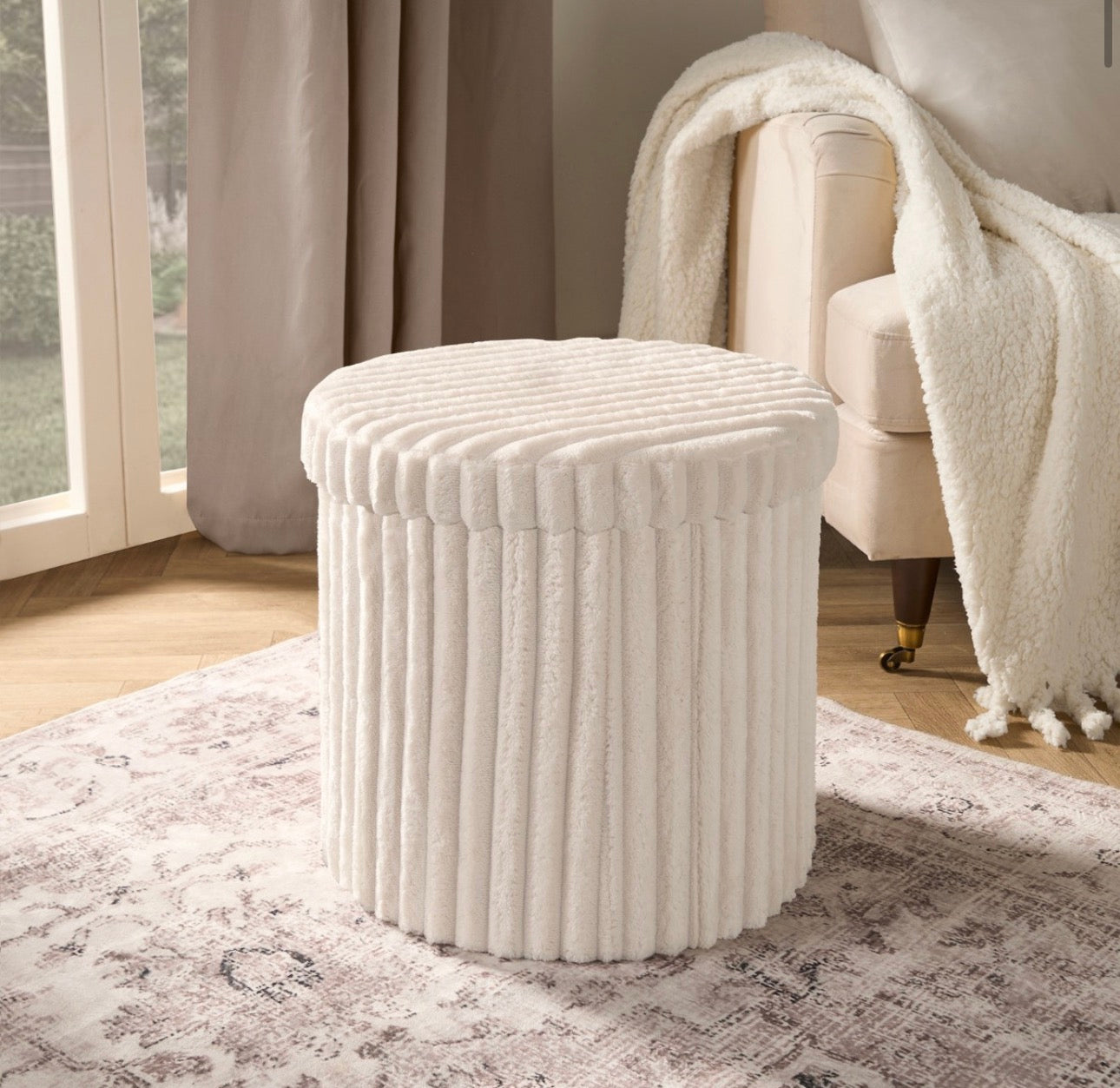 Ribbed Foldable Round Storage Ottoman - Cream
