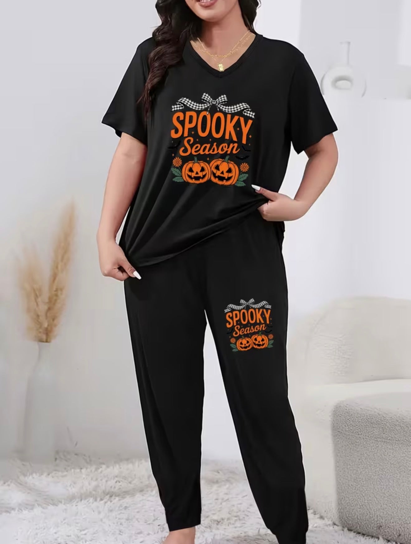 Halloween Pumpkin Plus Size Women's Elegant Loungewear 2pcs Set