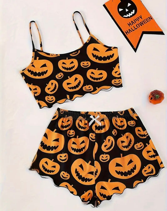 Halloween Pumpkin Print Camisole and Shorts Pajama Set