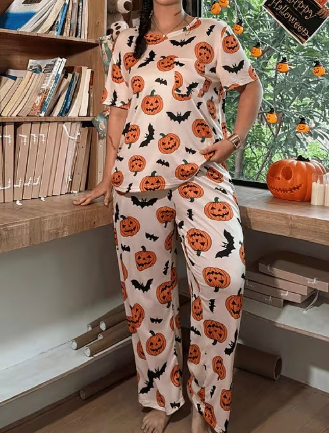 Halloween Pumpkin Bat Printed Plus Size pyjamas Set