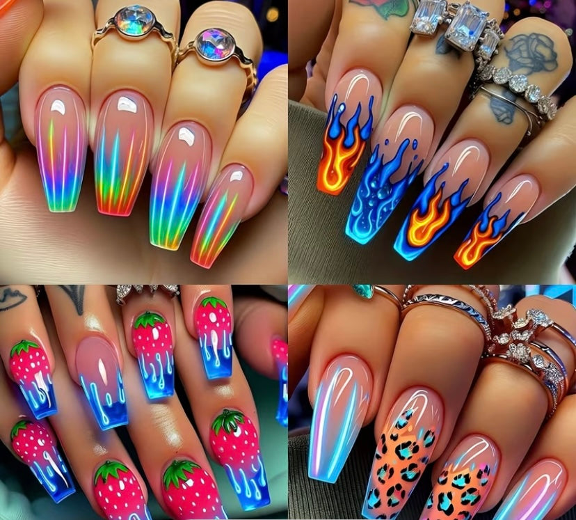96pcs Acrylic Press-On Nail Set, Medium-Long Ballet Nails with Green Ombre Shine & Lightning Design, Mixed Color Stripes, Includes Nail File, Glossy Finish