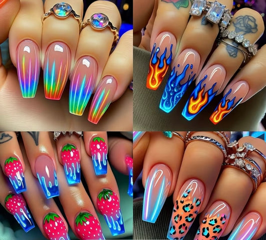 96pcs Acrylic Press-On Nail Set, Medium-Long Ballet Nails with Green Ombre Shine & Lightning Design, Mixed Color Stripes, Includes Nail File, Glossy Finish