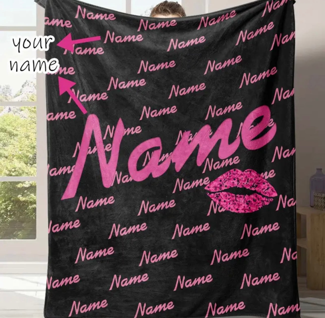 Custom Name Blanket with Pink Lips Design