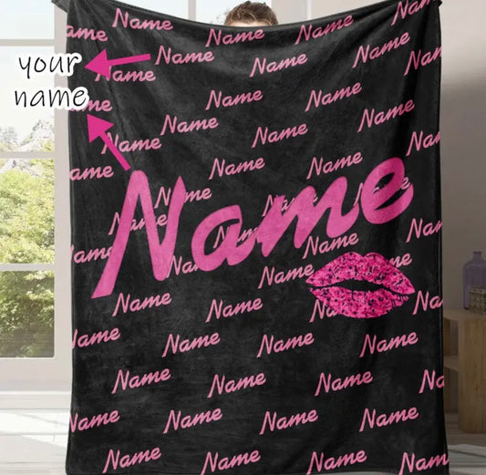 Custom Name Blanket with Pink Lips Design