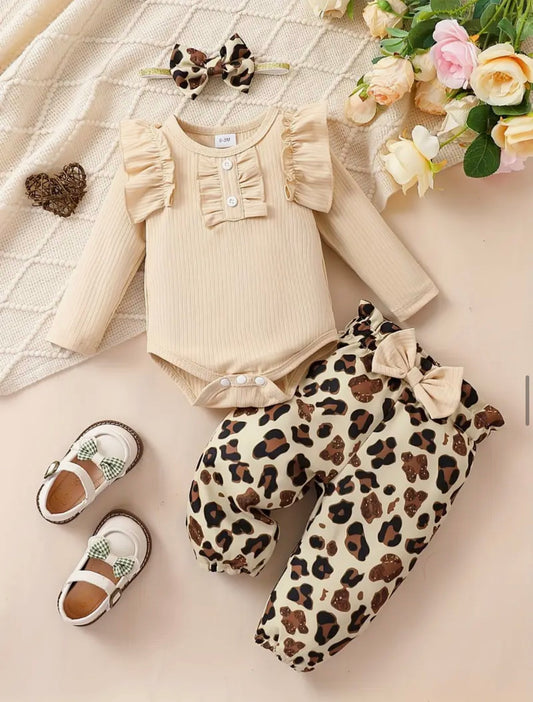 Cute Baby 3pcs Outfits - Floral/leopard Pants & Ruffle Long Sleeve