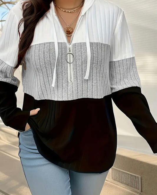 Women'S Plus Size Colorblock Half Zip Long Sleeve Top