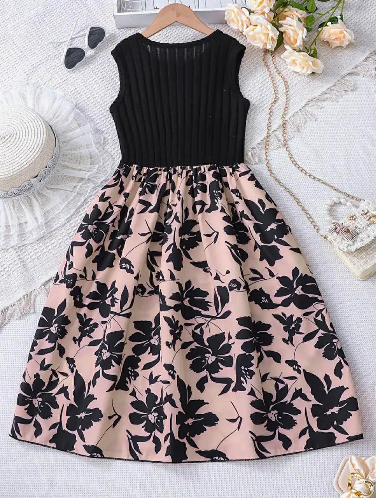 Girls' Summer Solid Color Ribbed Round Neck Floral Dress