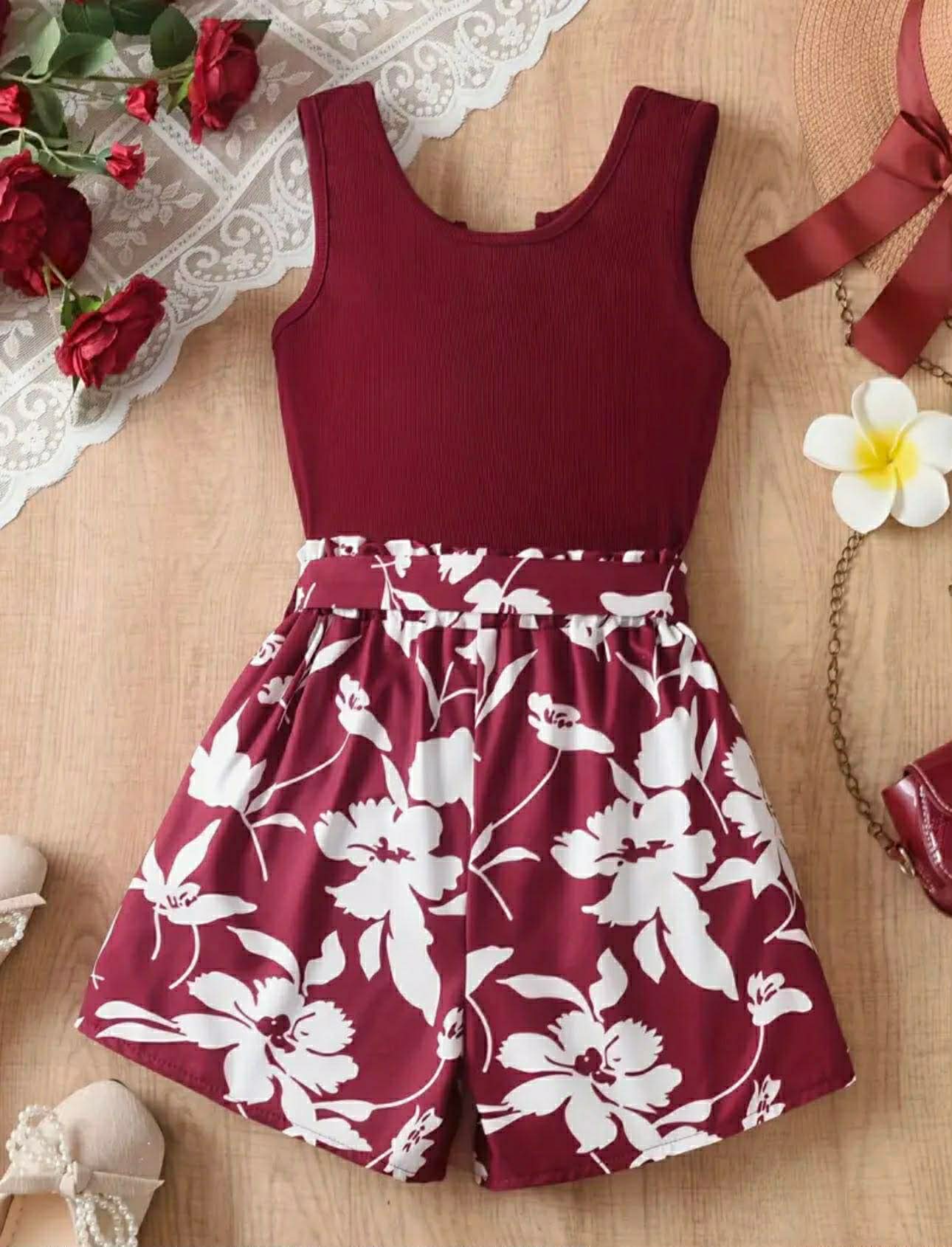 Girls 2pcs Summer Floral Short Ser