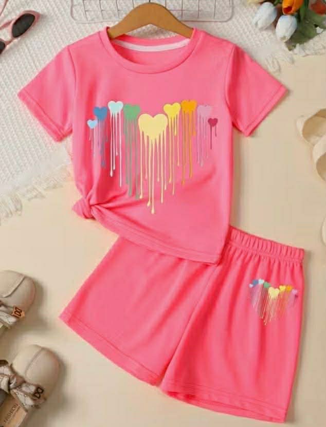Heart Pattern Pink Girls Short Set
