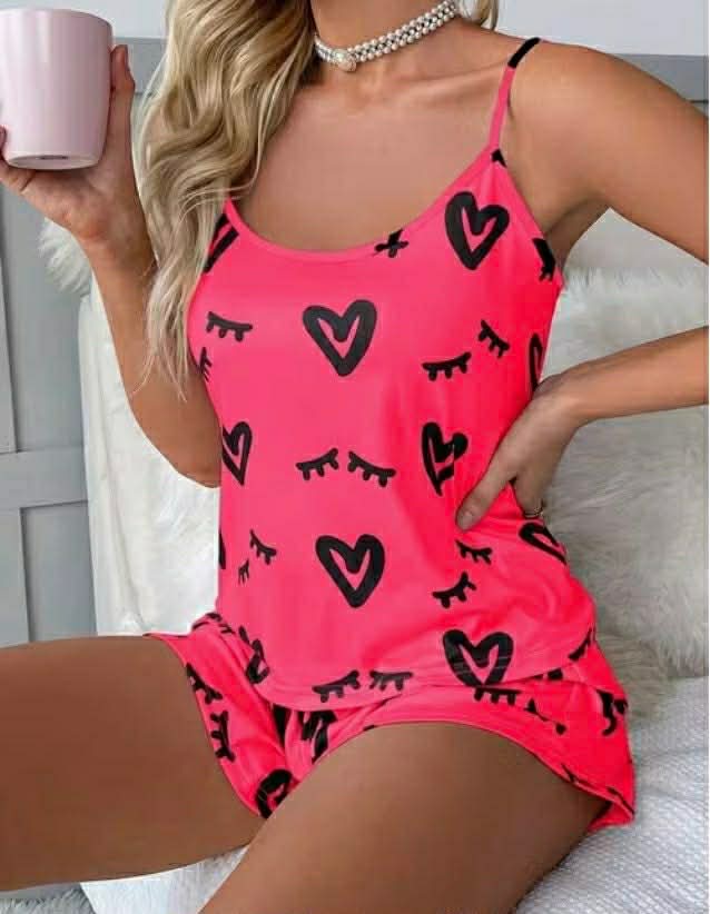 Women's Casual Heart Pattern Deep Pink Pajama Set