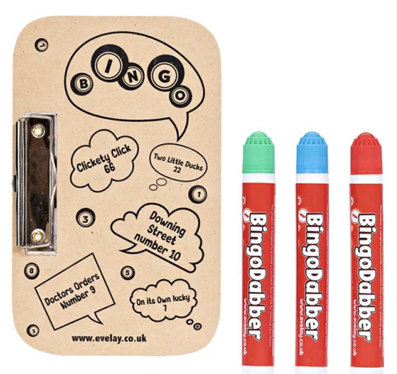 Bingo Board with Clasp Clip and 3 Colorful Dabbers