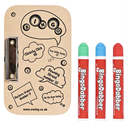 Bingo Board with Clasp Clip and 3 Colorful Dabbers